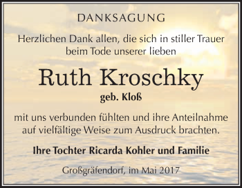 Traueranzeige von Ruth Kroschky von WVG - Wochenspiegel Merseburg