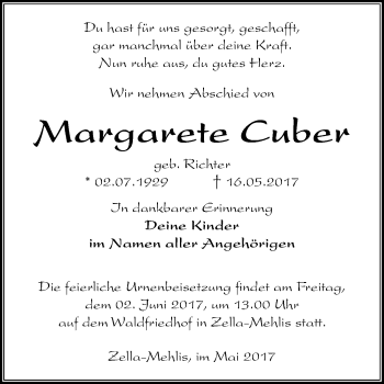 Traueranzeige von Margarete Cuber von Mitteldeutsche Zeitung Bernburg