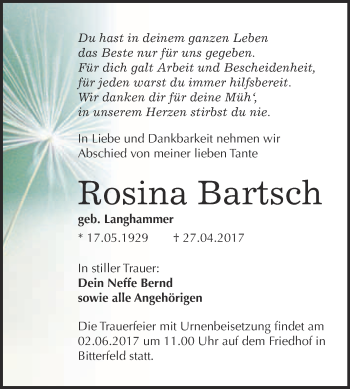 Traueranzeige von Rosina Bartsch von WVG - Wochenspiegel Bitterfeld
