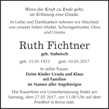 Traueranzeige von Ruth Fichtner von WVG - Wochenspiegel Bitterfeld