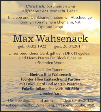 Traueranzeige von Max Wahsenack von WVG - Wochenspiegel Wittenberg