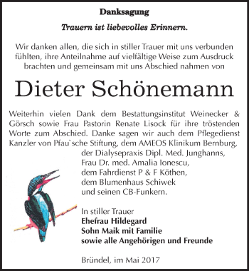 Traueranzeige von Dieter Schönemann von Mitteldeutsche Zeitung Bernburg