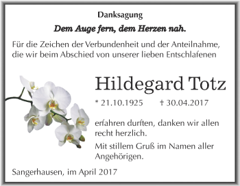 Traueranzeige von Hildegard Totz von Super Sonntag SGH Mansf. Land