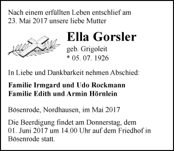Traueranzeige von Ella Gorsler von Mitteldeutsche Zeitung Sangerhausen