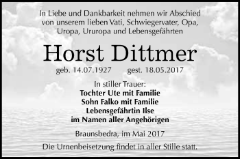 Traueranzeige von Horst Dittmer von WVG - Wochenspiegel Merseburg