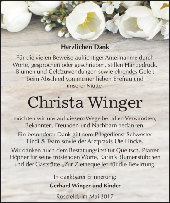 Traueranzeige von Christa Winger von Mitteldeutsche Zeitung Köthen
