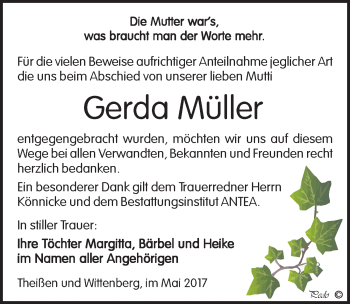 Traueranzeige von Gerda Müller von Mitteldeutsche Zeitung Zeitz