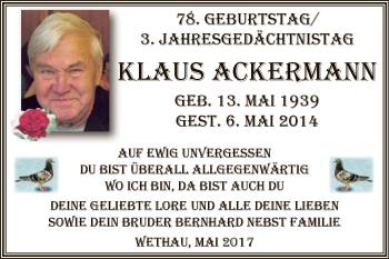 Traueranzeige von Klaus Ackermann von WVG - Wochenspiegel NMB / WSF / ZTZ
