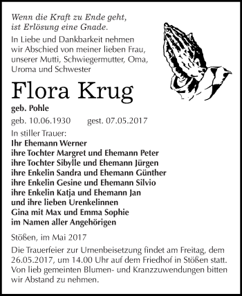 Traueranzeige von Flora Krug von WVG - Wochenspiegel NMB / WSF / ZTZ