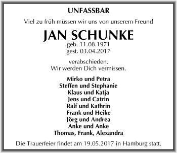Traueranzeige von Jan Schunke von Mitteldeutsche Zeitung Halle/Saalkreis