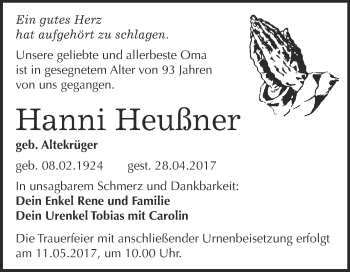 Traueranzeige von Hanni Heußner von Super Sonntag Wittenberg