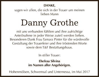 Traueranzeige von Danny Grothe von WVG - Wochenspiegel NMB / WSF / ZTZ