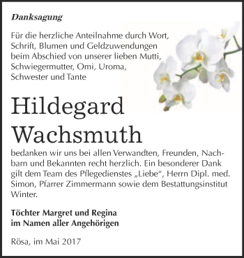 Traueranzeige von Hildegard Wachsmuth von WVG - Wochenspiegel Bitterfeld