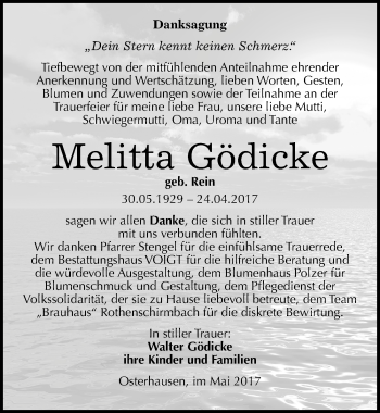 Traueranzeige von Melitta Gödicke von Mitteldeutsche Zeitung Mansfelder Land