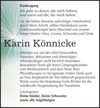 Traueranzeige von Karin Könnicke von Mitteldeutsche Zeitung Sangerhausen
