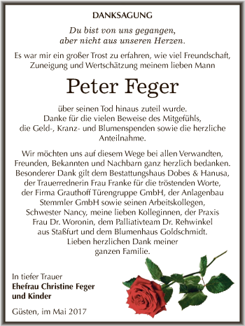 Traueranzeige von Peter Feger von Super Sonntag Bernburg