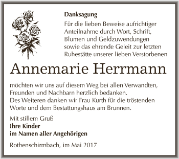 Traueranzeige von Annemarie Herrmann von Wochenspiegel Mansfelder Land