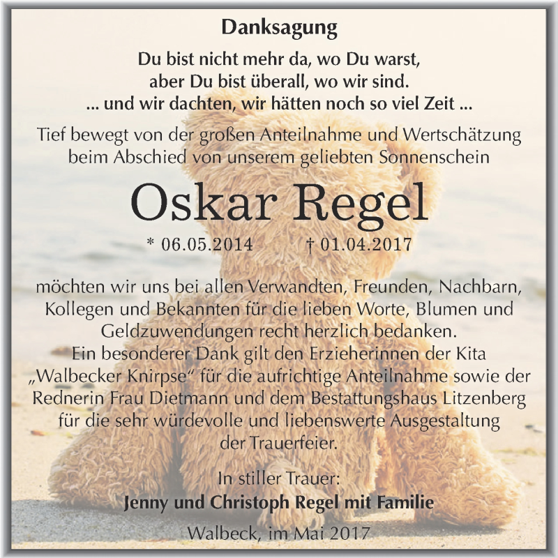  Traueranzeige für Oskar Regel vom 10.05.2017 aus Wochenspiegel Mansfelder Land