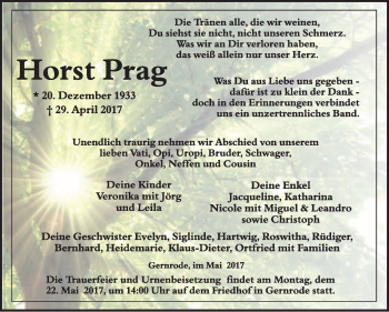 Traueranzeige von Horst Prag von WVG - Wochenspiegel Quedlinburg
