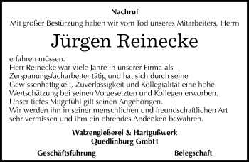 Traueranzeige von Jürgen Reinecke von Mitteldeutsche Zeitung Quedlinburg