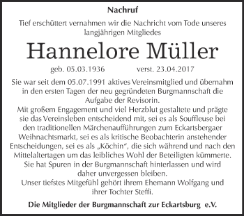 Traueranzeige von Hannelore Müller von WVG - Wochenspiegel NMB / WSF / ZTZ