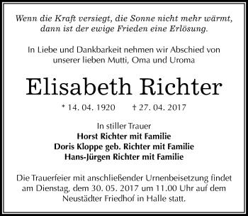 Traueranzeige von Elisabeth Richter von Mitteldeutsche Zeitung Halle/Saalkreis