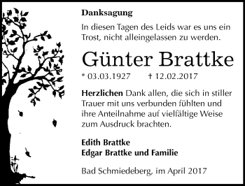 Traueranzeige von Günter Brattke von Mitteldeutsche Zeitung Wittenberg