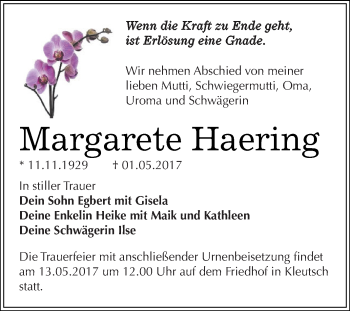 Traueranzeige von Margarete Haering von WVG - Wochenspiegel Dessau / Köthen