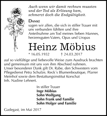 Traueranzeige von Heinz Möbius von Mitteldeutsche Zeitung Wittenberg