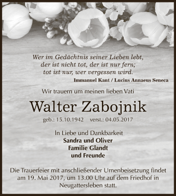 Traueranzeige von Walter Zabojnik von Super Sonntag Bernburg