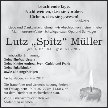 Traueranzeige von Lutz Müller von Super Sonntag Aschersleben