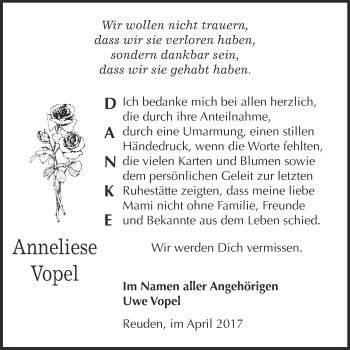 Traueranzeige von Anneliese Vopel von WVG - Wochenspiegel Bitterfeld