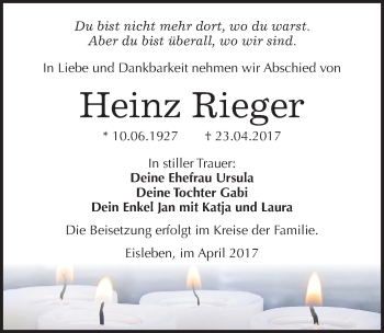 Traueranzeige von Heinz Rieger von Mitteldeutsche Zeitung Mansfelder Land