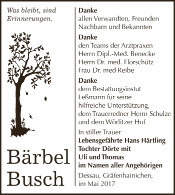 Traueranzeige von Bärbel Busch von WVG - Wochenspiegel Dessau / Köthen