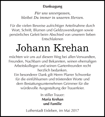 Traueranzeige von Johann Krehan von Wochenspiegel Mansfelder Land