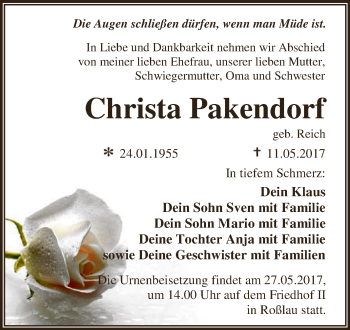 Traueranzeige von Christa Pakendorf von WVG - Wochenspiegel Dessau / Köthen
