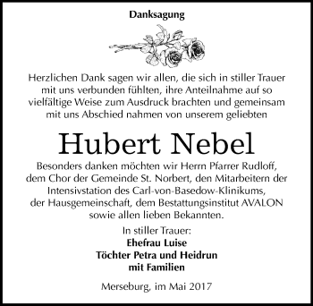 Traueranzeige von Hubert Nebel von Mitteldeutsche Zeitung Merseburg/Querfurt