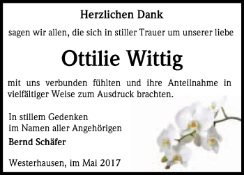 Traueranzeige von Ottilie Wittig von Super Sonntag Quedlinburg