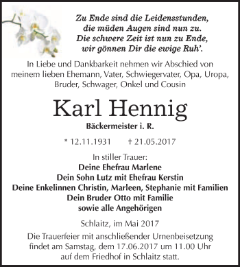 Traueranzeige von Karl Hennig von WVG - Wochenspiegel Bitterfeld
