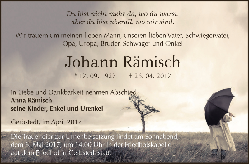  Traueranzeige für Johann Rämisch vom 03.05.2017 aus Wochenspiegel Mansfelder Land
