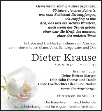 Traueranzeige von Dieter Krause von Mitteldeutsche Zeitung Quedlinburg