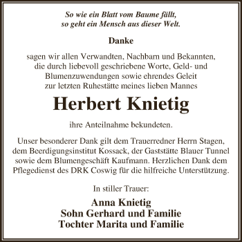 Traueranzeige von Herbert Knietig von WVG - Wochenspiegel Dessau / Köthen