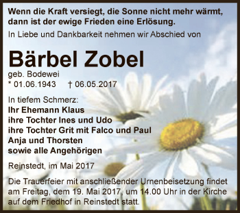 Traueranzeige von Bärbel Zobel von Super Sonntag Aschersleben