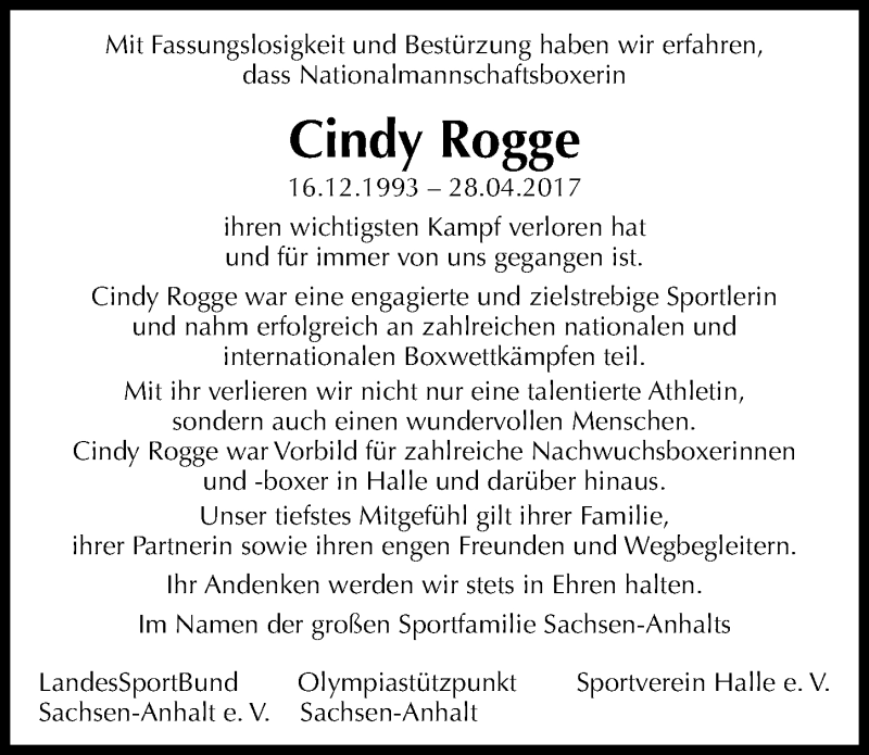  Traueranzeige für Cindy Rogge vom 04.05.2017 aus Mitteldeutsche Zeitung Halle/Saalkreis