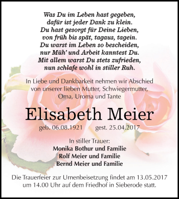 Traueranzeige von Elisabeth Meier von Super Sonntag SGH Mansf. Land