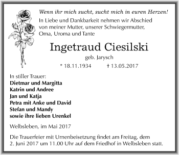 Traueranzeige von Ingetraud Ciesilski von Mitteldeutsche Zeitung Mansfelder Land