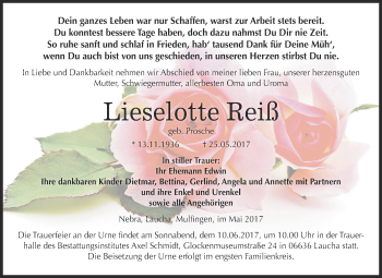 Traueranzeige von Lieselotte Reiß von WVG - Wochenspiegel NMB / WSF / ZTZ