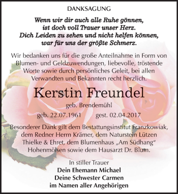 Traueranzeige von Kerstin Freundel von Mitteldeutsche Zeitung Weißenfels