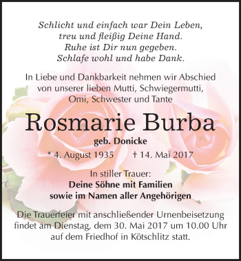 Traueranzeige von Rosmarie Burba von Mitteldeutsche Zeitung Merseburg/Querfurt