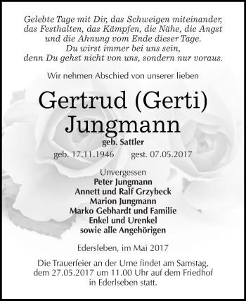 Traueranzeige von Gertrud Jungmann von Super Sonntag SGH Mansf. Land